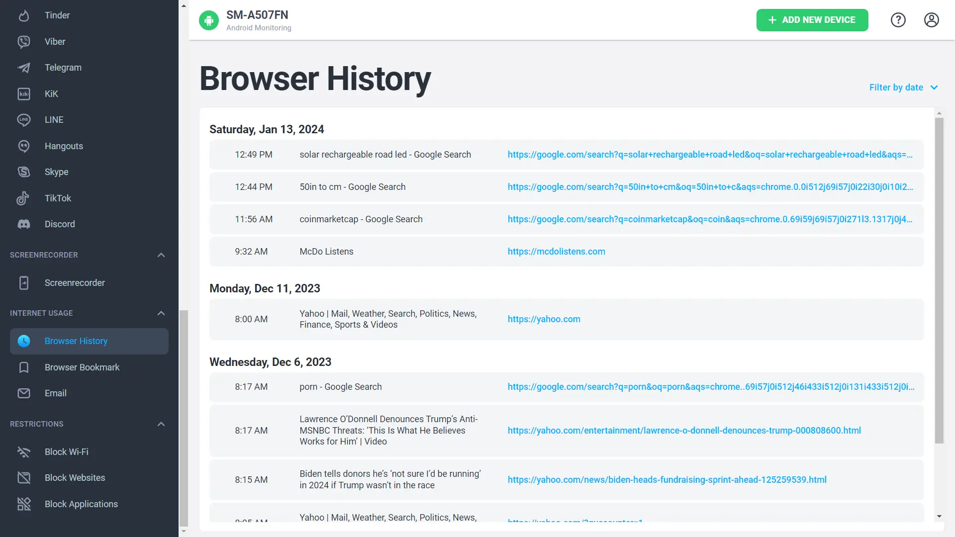 mSpy browsing history tracking