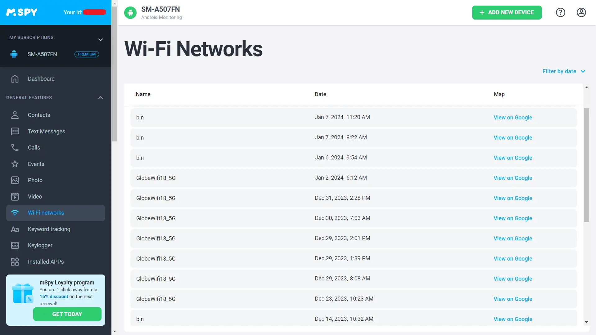mSpy Wi-Fi networks monitoring