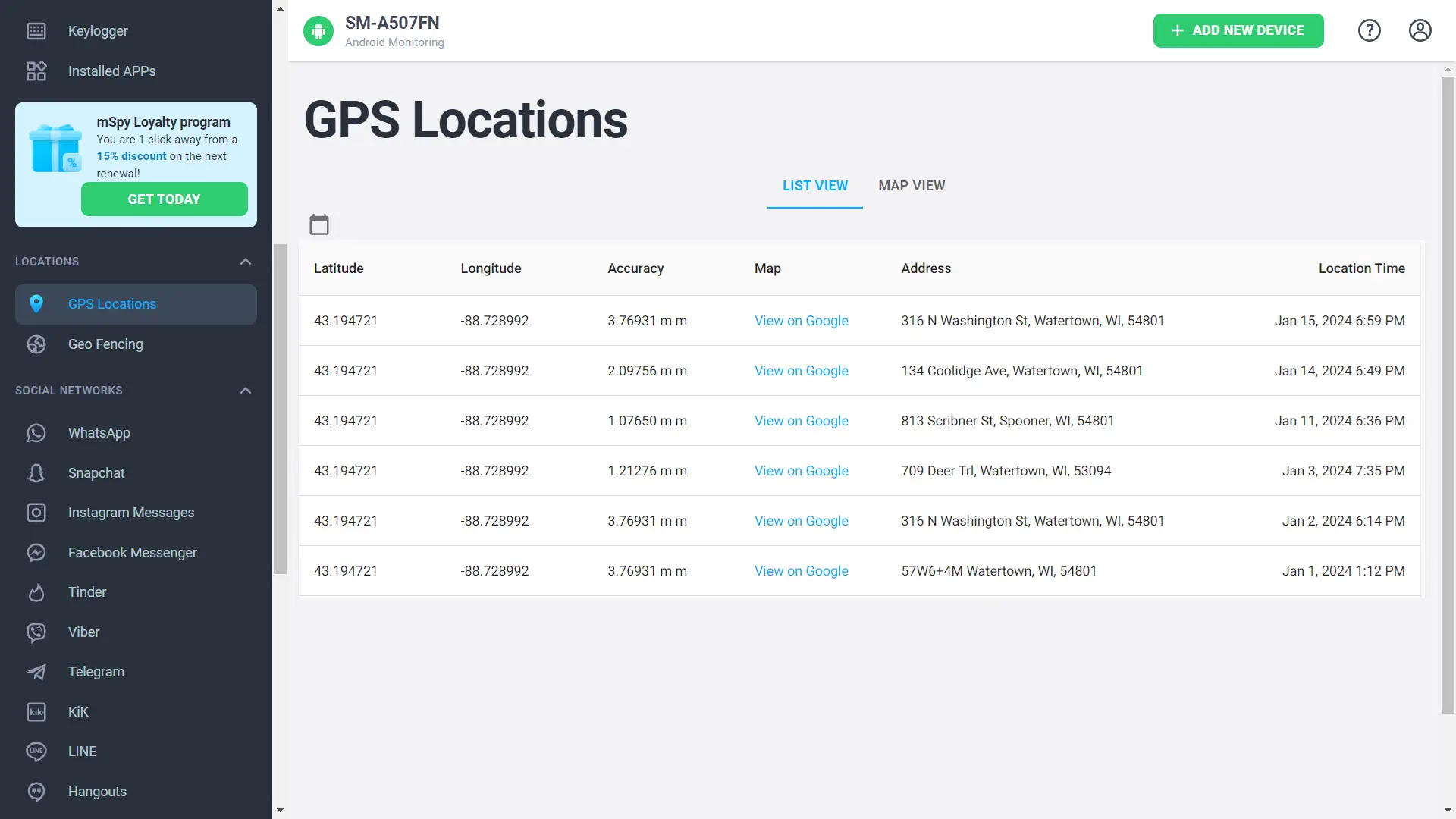 mSpy GPS tracking