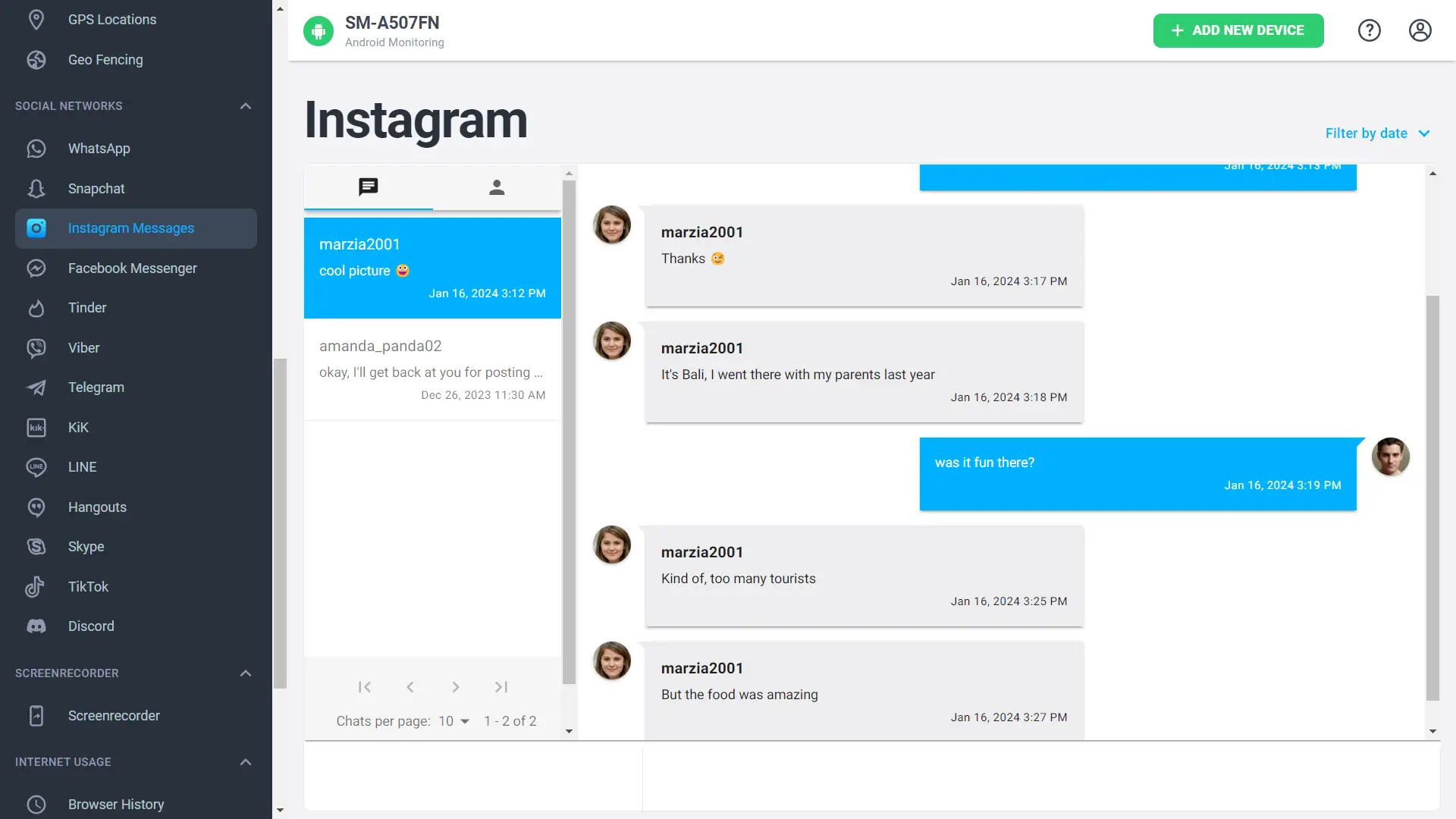 mSpy Instagram messages monitoring