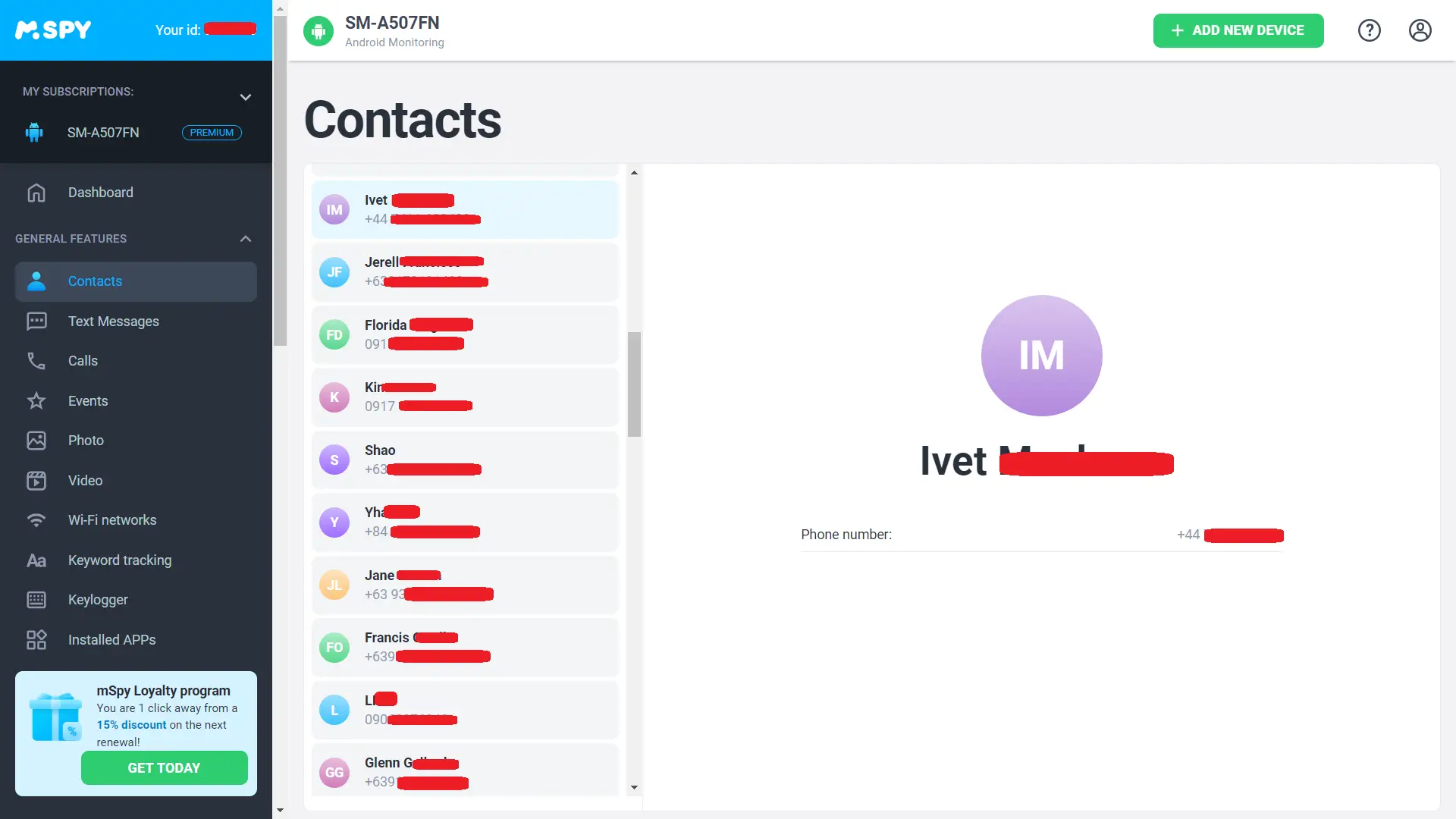 mSpy contacts tracking